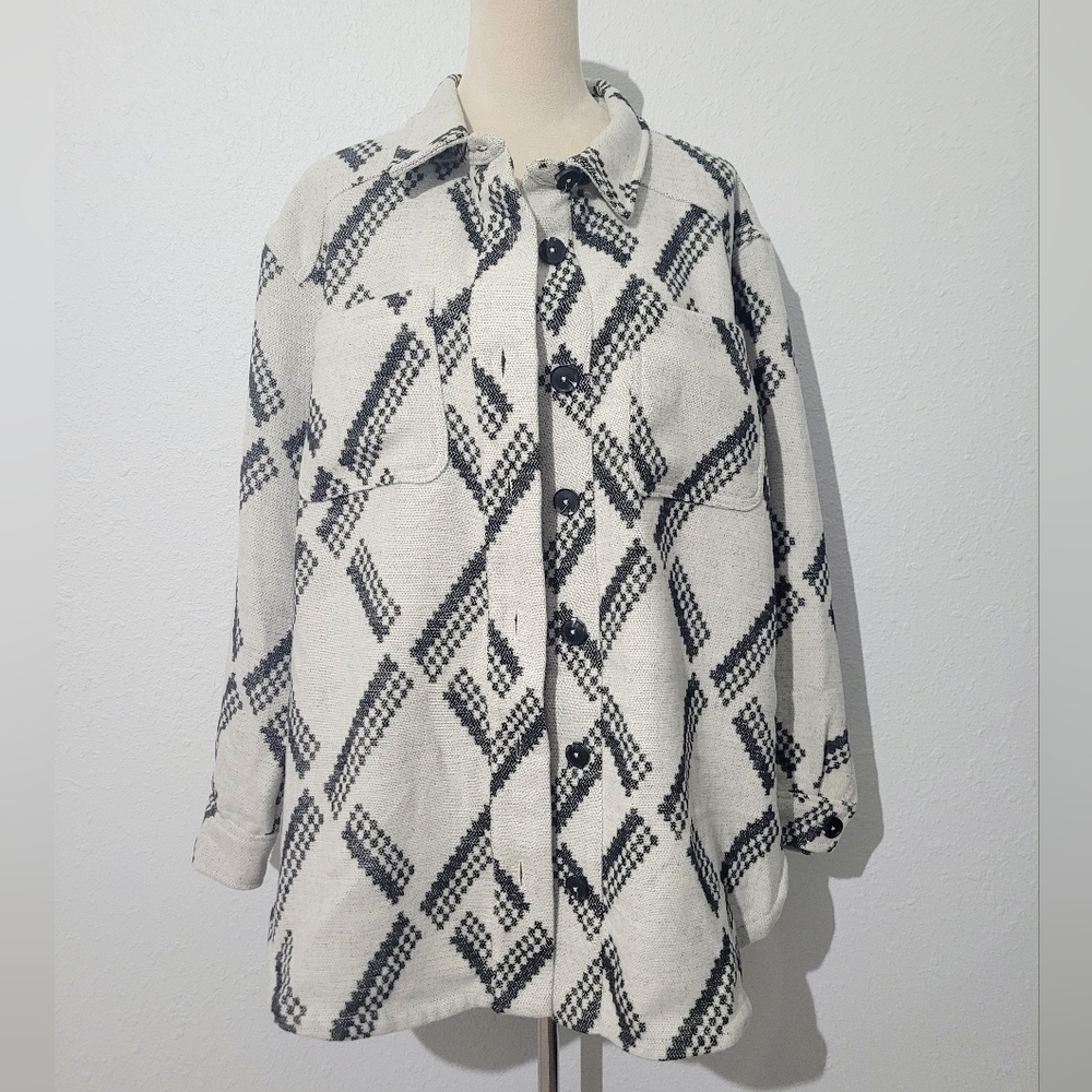 Maurices Aztec Shacket Jacket Women’s Large Cream Black Western Boho Wool Blend - Picture 2 of 14